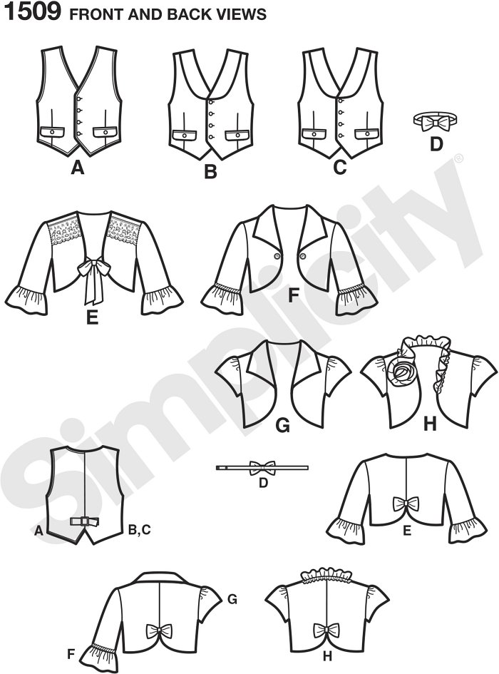 Boy´s bowtie and vest has button down front closure, two pockets, and sliding back buckle for the perfect fit. Girl´s bolero can be made in cap sleeve or three quarter sleeve with collar and trim variations.