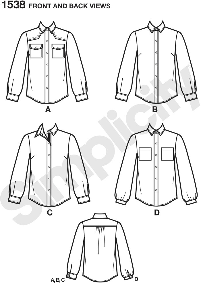 Misses´ shirt has trim and fabric variations. Update a classic with contrast fabric collar, inside yoke, cuff and placket like v. B or add a yoke with stud trim and bias pockets like v. A. Simplicity sewing pattern.