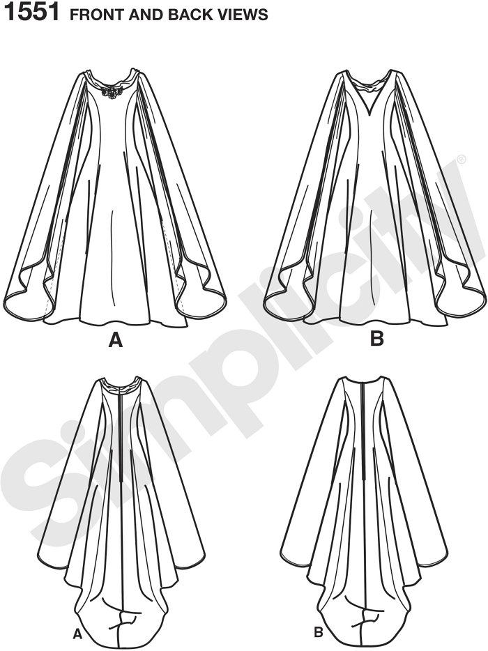Misses costume gown with hanging sleeves, scoop neckline and collar variations. Andrea Schewe. Simplicity sewing pattern.