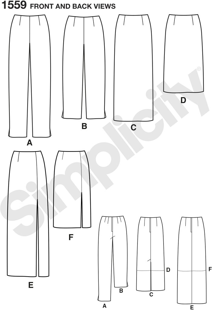 Misses´ slim Trousers and skirts each in two lengths. Make a classic long skirt with a slit or a knee length tapered pencil skirt. Trousers can be made to the ankle or capri. Simplicity sewing pattern.