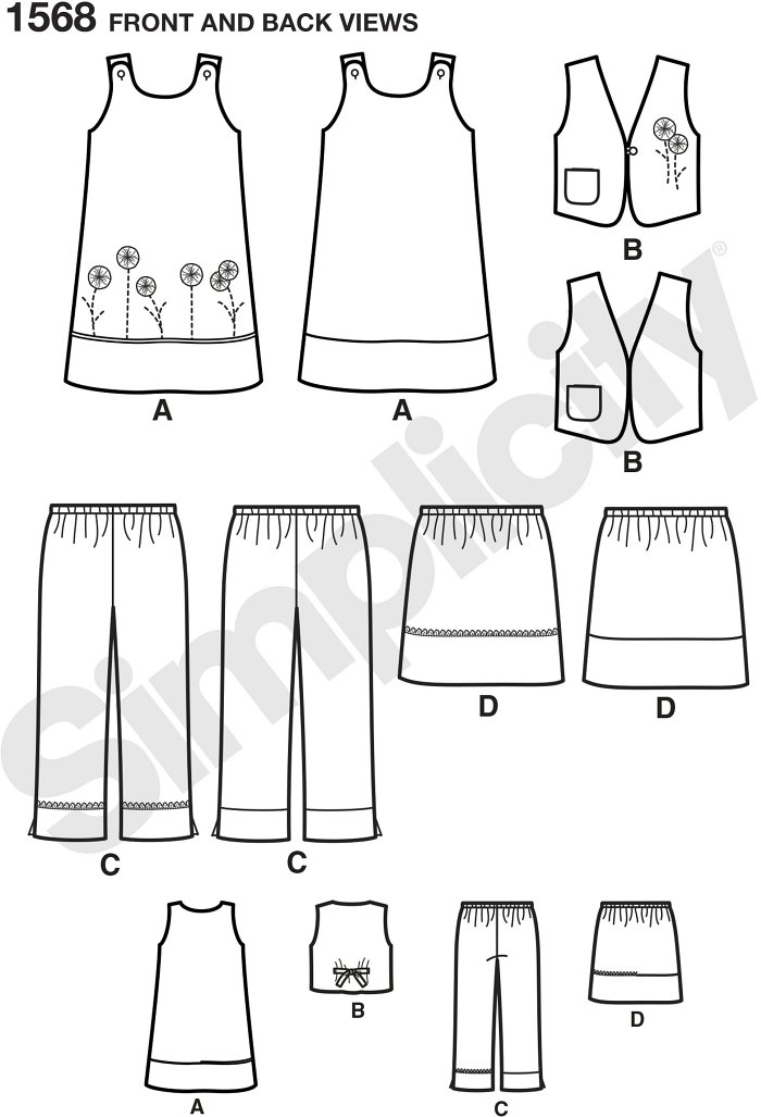 Child´s easy-to-sew dress, lined vest with pocket, Trousers and skirt. Simplicity sewing pattern. Child´s easy-to-sew dress, lined vest with pocket, Trousers and skirt. Simplicity sewing pattern.