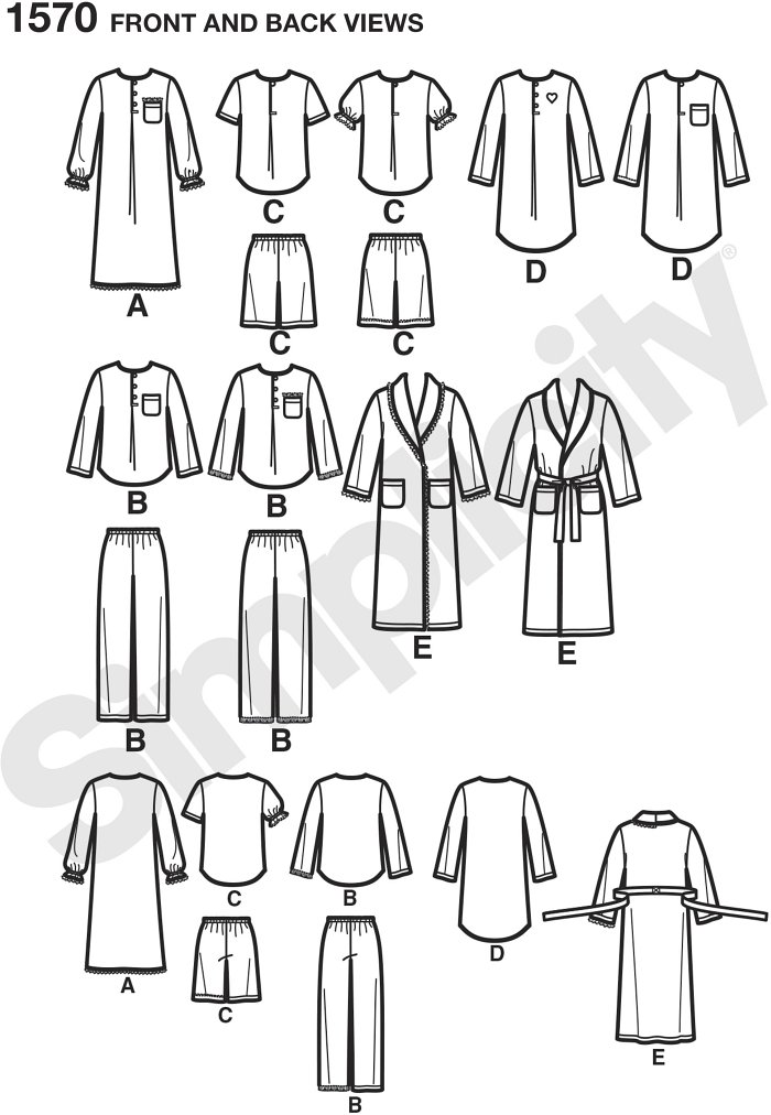 Child´s, girls´ and boys´ Trousers, shorts, robe with pockets, lounge-gown and button down shirt with pocket in two lengths. Simplicity sewing pattern.*Note: If used as sleepwear, use Fabrics and Trims that meet the Flammability Standards set by the U.S. Go