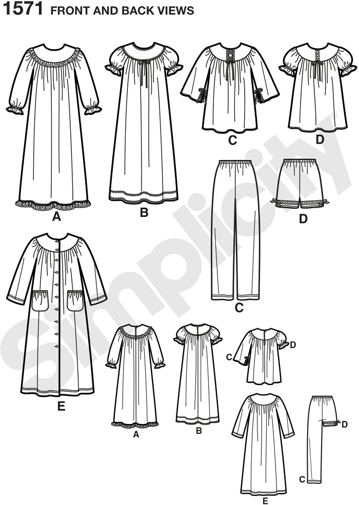 Child´s and girl´s nightgown, robe, and long or short Trousers. Simplicity sewing pattern.*Note: If used as sleepwear, use Fabrics and Trims that meet the Flammability Standards set by the U.S. Government.*