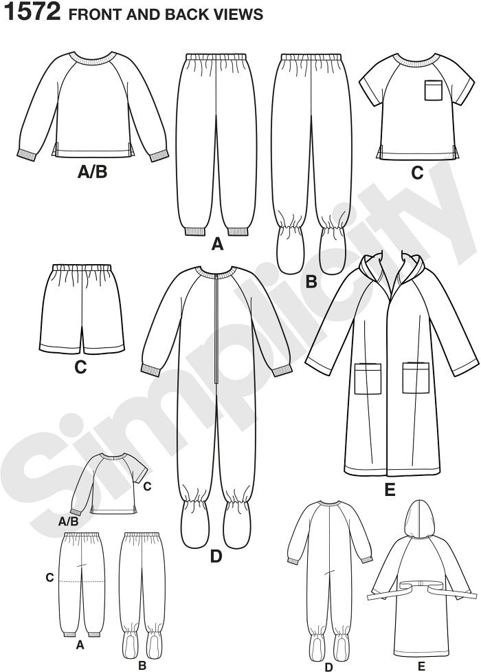 Toddlers´ and child´s sleep shirt, shorts or Trousers, robe, and footed onesie. Simplicity sewing pattern.*Note: If used as sleepwear, use Fabrics and Trims that meet the Flammability Standards set by the U.S. Government.*