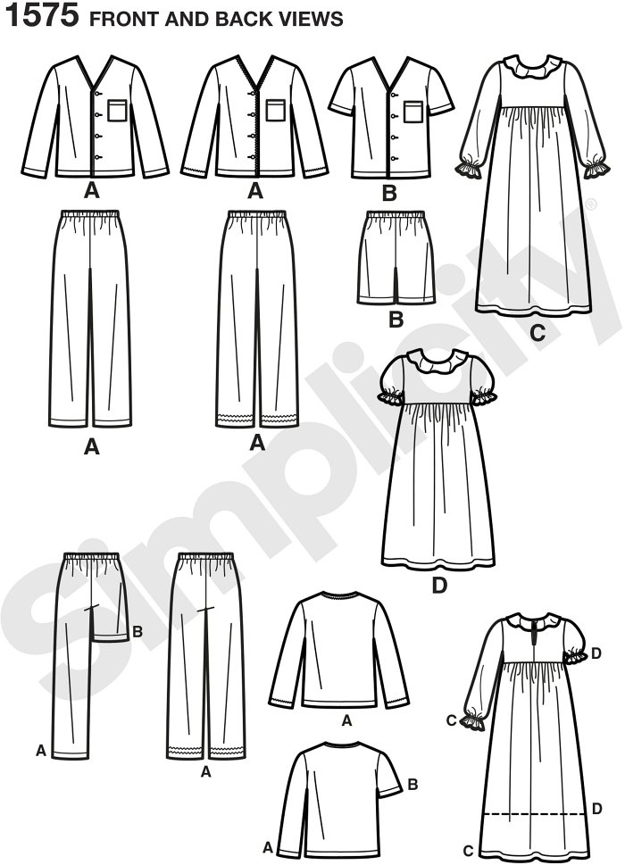 Child´s, girls´ and boys´ lounge-gown in two lengths, Trousers, shorts and pocketed shirt with sleeve variations. Simplicity sewing pattern.*Note: If used as sleepwear, use Fabrics and Trims that meet the Flammability Standards set by the U.S. Government.*