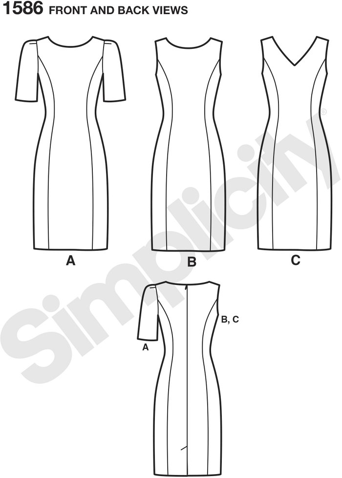 Misses´ and plus size dress with sleeve and neckline variations. Individual patterns for slim, average and curvy fit and B, C, D cup size for miss and C, D, DD cup sizes for plus. Amazing Fit Collection by Simplicity.