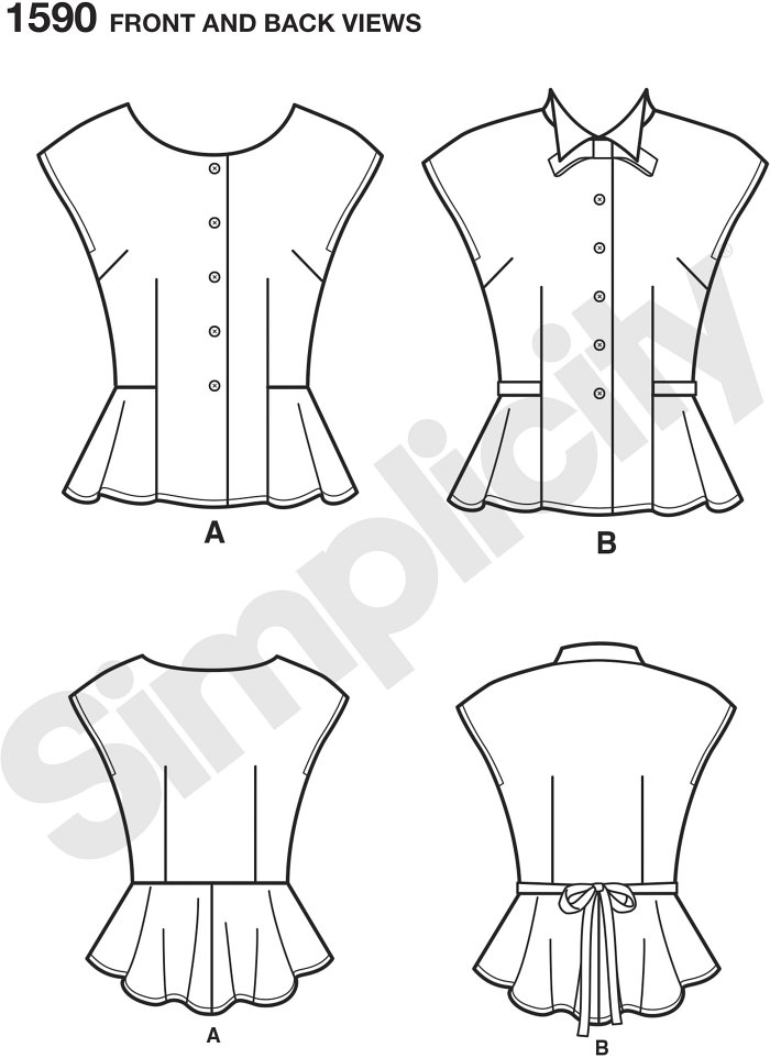 Misses Retro1940s top has either a scoop or high neckline with collar and bow. This vintage top buttons down the front and has a flattering peplum and optional ties at the waistline. Simplicity sewing pattern. Misses Retro1940s top has either a scoop or high neckline with collar and bow. This vintage top buttons down the front and has a flattering peplum and optional ties at the waistline. Simplicity sewing pattern.