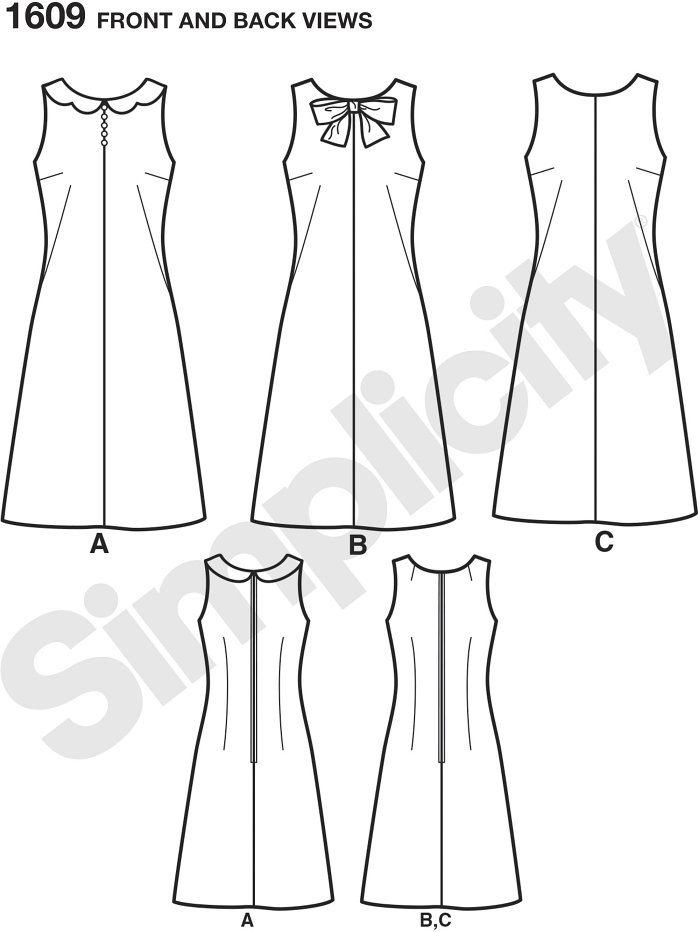 Misses´ dress with 1960´s flair. This sleeveless, modern take on the classic A-line dress has center font seam, dramatic darts for fitting and back zipper. Make this dress with a scalloped edge collar, neck bow or simple round neckline. 2 Main pattern pie