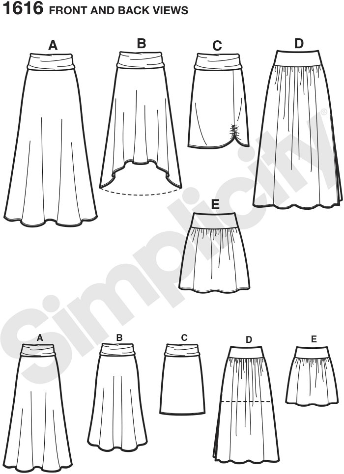 Misses´ knit or woven skirts feature flattering yokes with length and hemline variations. A, B, C suitable for knits can be made flared in maxi length or with hi-low hem or straight in knee length with front ruching detail. Pull on D, E suitable for woven