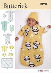 Infants Bunting, Jumpsuit, Shirt, Diaper Cover, Hat, Bib, Mittens, Booties and Blanket. Butterick 6968. 