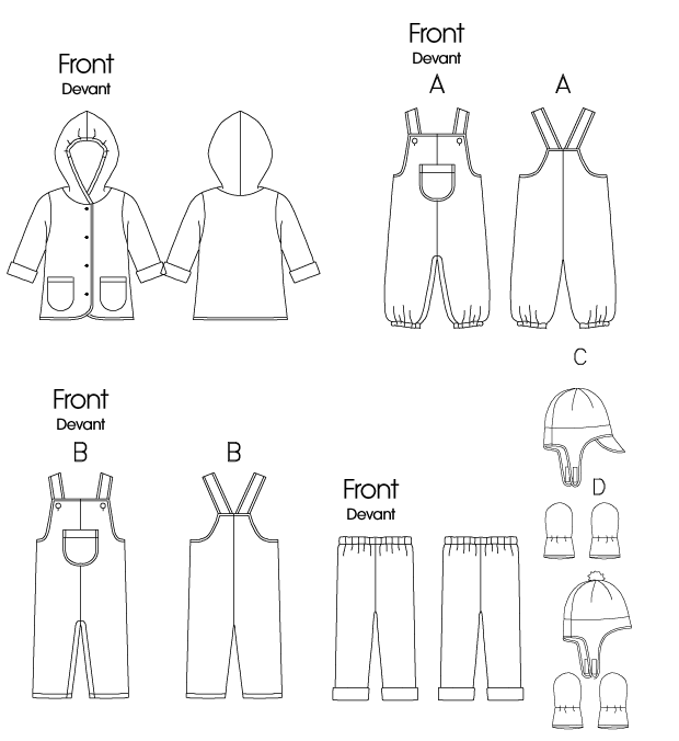 Loose-fitting, reversible jacket has partially elasticized hood, pockets and long sleeves with fold-back cuffs. Loose-fitting overalls A, B have shoulder straps, pocket, low armholes and snap crotch. A: elastic legs. B: stitched hems. Reversible pants have elastic waist and fold-back cuffs. Hats C, D have crown and VELCRO closure. C: visor. D: purchased pompon. Mittens have elastic.
NOTIONS: Jacket: Eight 5/8 inches Buttons and 1/4 yd. of 3/8 inches Elastic. Overalls A, B: Two 5/8 inches Buttons, 21/2 inches x 21/2 inches Fabric Remnant and 3/4 yd. of 3/4 inches Snap Tape. Also for A: 3/4 yd. of 1/2 inches Elastic. Pants: 5/8 yd. of 1/2 inches Elastic. Hat C, D: 1/8 yd. of 5/8 inches VELCRO Fastener Tape. Also for D: One 11/2 inches Pompon. Mittens: 1/2 yd. of 1/4 inches Elastic.