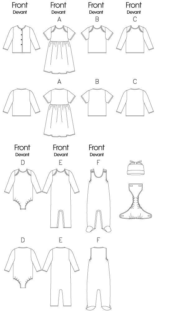 Loose-fitting jacket, pullover dress A, tops B, C or rompers D, E, F have narrow hems. Jacket long sleeves. A dirndl skirt. A, B above elbow sleeves. C, D, E long sleeves. D elastic legs. D, E snap crotch.
NOTIONS Jacket, Dress A, Top B, C, Romper D, E, F 1/2 inches Single Fold Bias Tape. A Four 1/2 inches Buttons. D 1/8 yd. of 5/8 inches Snap Tape and 1/4 inches Elastic 1/2 yd. for PR to NB and 3/4 yd. for S to XL. E 3/4 yd. of 5/8 inches Snap Tape. F Two 1/2 inches Buttons, 1/4 yd. of 1/4 inches Elastic and 3/4 yd. of 5/8 inches Snap Tape. Diaper Cover 1/4 yd. of 5/8 inches VELCRO Fastener Tape and 1/4 inches Elastic 1/2 yd. for PR to NB and 3/4 yd. for S to XL.