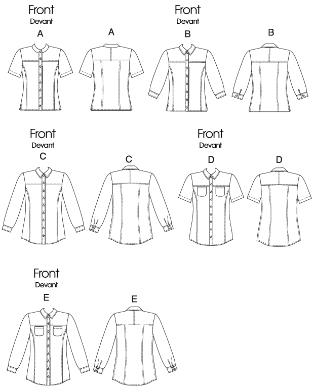 Fitted shirts A, B, C, D, E have princess seams, collar and collar band, front band, front and back yokes, narrow hem, flat-felled seams and button closing. A, B: side slit openings. A, D: short sleeves with stitched hem. B: three-quarter length sleeves with button cuffs. C, E: long sleeves with button cuffs. D, E: patch pockets. E: bias yokes, pockets and cuffs. A, B, C, D cup sizes.
NOTIONS: 1/2 inches Buttons: Eight for A, Ten for B, Thirteen for C, E and Nine for D.