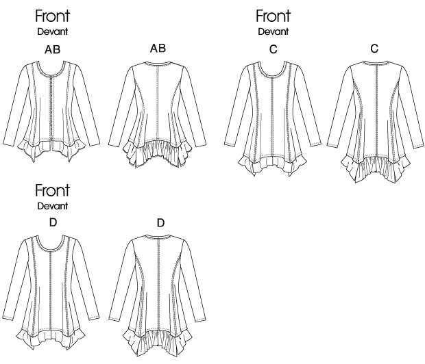 Semi-fitted tops A, B, C, D have neckband, princess seams, shaped hemline flounce and long sleeves, topstitching and raw edge hem finish. A, B front exposed zipper, self-lined sleeves and layered flounce. A contrast neckband, sleeves and flounce are cut on crosswise grain. B contrast neckband, sleeves and flounce, sleeves are cut on crosswise grain. C contrast neckband, sleeves and flounce, neckband is pieced. C, D pullover.
NOTIONS Top A, B, C, D Optional Double Needle. Also A, B 16 inches Separating Zipper. Nylon Fusible Knit Interfacing 2 inches x 17 inches Remnant. Semi-fitted tops A, B, C, D have neckband, princess seams, shaped hemline flounce and long sleeves, topstitching and raw edge hem finish. A, B front exposed zipper, self-lined sleeves and layered flounce. A contrast neckband, sleeves and flounce are cut on crosswise grain. B contrast neckband, sleeves and flounce, sleeves are cut on crosswise grain. C contrast neckband, sleeves and flounce, neckband is pieced. C, D pullover.
NOTIONS Top A, B, C, D Optional Double Needle. Also A, B 16 inches Separating Zipper. Nylon Fusible Knit Interfacing 2 inches x 17 inches Remnant.