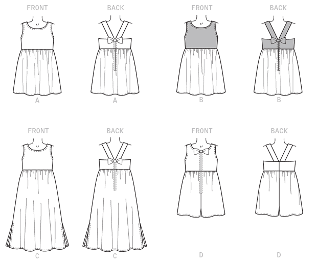 Dress and culottes have self-lined bodice, raised waist, skirt, narrow hem, and bow and knot. Topstitching. C: Side slits. A, B and C: Back zipper. D: Front zipper.Designed for lightweight woven fabrics.