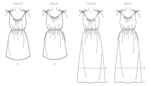 Pullover dress has very loose-fitting, self-lined bodice extending into tie ends, partially elasticized neckline and (seamed) waist, side pockets and narrow hem. A: Shaped hemline.Designed for lightweight woven fabrics.