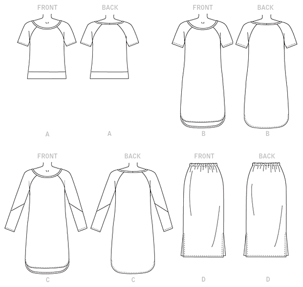 Pullover top and dress have neck band, and shaped hemline, wrong side shows. A: Lower band. C: Two-piece sleeves. Skirt has elastic waist and side slits. All are close-fitting, narrow hem.Designed for lightweight moderate stretch knits.