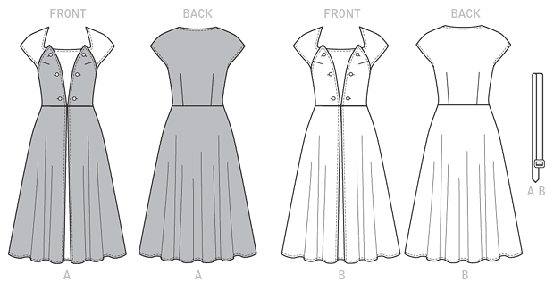Pullover, front wrap dress (fitted through bust) has bodice back extending to side front, skirt cut on crosswise grain, no side seams on bodice or skirt, concealed elastic with hook and eye closure, front button and hook and eye closing, narrow hem, and self-belt. Topstitching. Note: No provisions provided for above waist adjustment.Designed for lightweight woven fabrics.