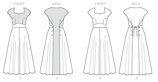 Pullover, back wrap dress (fitted through bust) has bodice front extending to side back, self-lined midriff, skirt extending to side back, no side seams, concealed elastic with hook and eye closure, and narrow hem. A: Back button closing. B: Back tie ends. Note: No provisions provided for above waist adjustment.Designed for lightweight woven fabrics.
