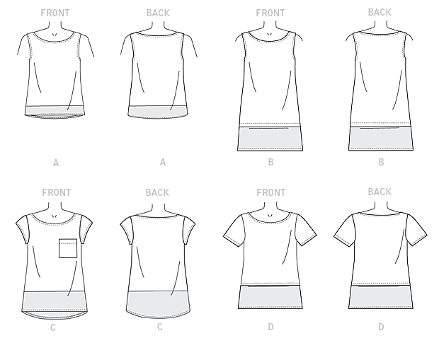 Loose-fitting pullover top has hem band variations, and narrow hem. C: Pocket. A and C: Shaped hemline, wrong side shows. B and D: Lower tuck. Purchased bias tape to finish necklines, and armholes A and B.Designed for lightweight woven fabrics and stable knits.
