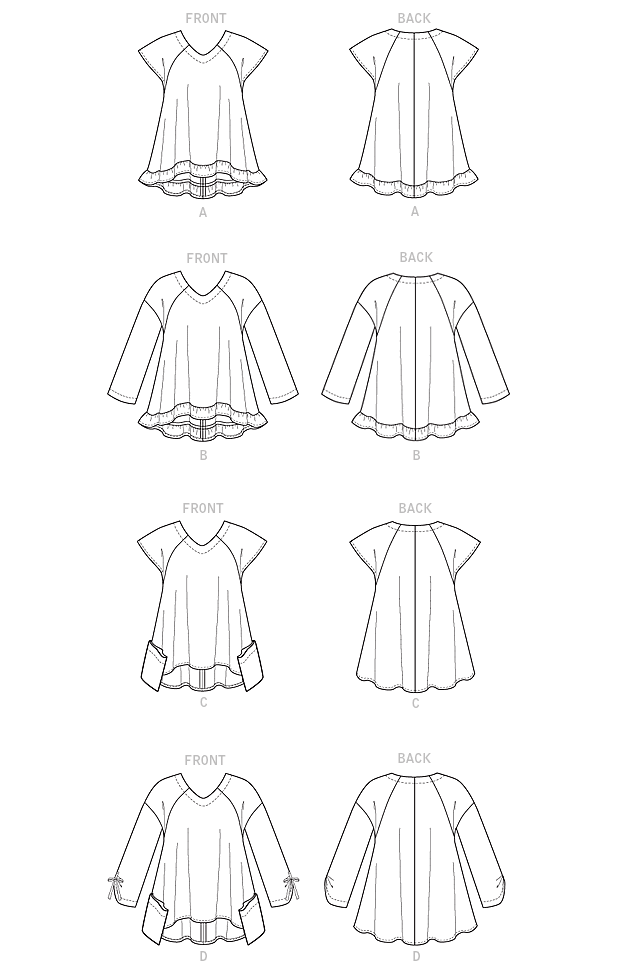 Very loose-fitting, pullover top has optional topstitching (neckline), yokes, hemline variations, wrong side shows, and narrow hem. A and B: Ruffles. D: Sleeve tie ends. B and D: Stitched hem on sleeves. C and D: Pockets.Designed for lightweight woven fabrics.
