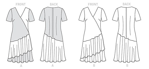 Loose-fitting dress has asymmetrical seam detail, front overskirt, short sleeves, and lapped back zipper. Narrow hem. Note: No provisions provided for above waist adjustment. Designed for lightweight and medium-weight woven fabrics. Loose-fitting dress has asymmetrical seam detail, front overskirt, short sleeves, and lapped back zipper. Narrow hem. Note: No provisions provided for above waist adjustment. Designed for lightweight and medium-weight woven fabrics.