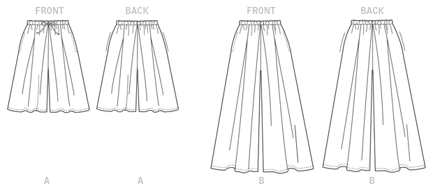 Culottes have elasticized waistband (cut on crosswise grain), pleats, tucks and side pockets. A: Purchased drawstring. Designed for lightweight to medium-weight woven fabrics and stable knits.