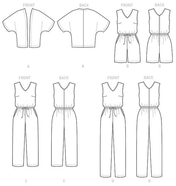 Very loose-fitting, unlined kimono has mock-bands. Loose-fitting jumpsuit has elasticized (seamed) waist, tie end (optional knotted), and side front pockets. D: Tapered. All have stitched hems.Designed for lightweight woven fabrics.