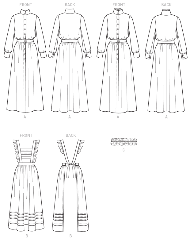 Dress (fitted through bust) has collar, bodice, waistband, skirt, mock-front button band, and sleeves with seam opening and button cuffs. Purchased optional trim. Apron has self-lined bib, shoulder straps, waistband, tie ends, and bib and skirt tucks. Elasticized headpiece has thread loops. B and C: Ruffles, very narrow hem, wrong side shows.Designed for lightweight woven fabrics.