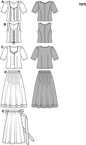 Folklore style – chic and wearable for many occasions. The skirt has typical, narrow pleats and an apron. Wear it with a corset bodice with matching blouse or with a short-sleeved blouse in corset form. All three styles boast sophisticated detailing.