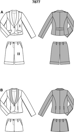 An unconventional pantsuit combines a short jacket with shawl collar with shorts or bermudas. The choice of fabric and individual styling can change the look from casual chic to glamourous and sexy.