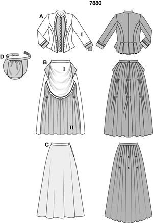 The fitted jacket is sewn from two fabrics with narrow ¾ sleeves and standing collar and has a back pleated peplum. It is authentically embellished with ribbons and lace and with many buttons. The skirt with bustle is made of two sections. The overskirt front is short and pleated. In the back, it is gathered up with the help of hooks and attached to the separate underskirt. A stuffed bustle with waistband gives the skirt the necessary support.