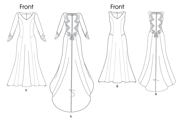 Lined, underlined dress has princess seams, close-fitting bodice (contrast back), semi-fitted skirt, shaped back hemline and back button loop closing/trim. Back extends into train. A contrast lower sleeves with button/loop closing. Note motifs are cut from lace fabric.Designed for soft lightweight woven fabrics.