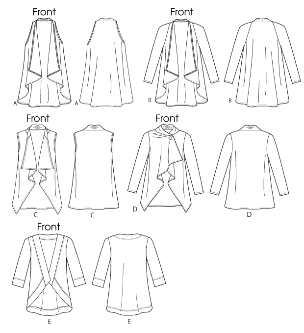 Vest and jacket (wrong side shows) have neckline and length variations. A and B: front extends into back collar, front and back cut-in-one, no side seams, cut on crosswise fold of fabric. C and D: collar. D: button closure. A, B, C and D: draped front, narrow hem. E: front, sleeve and hem bands, topstitching.Designed for lightweight two-way stretch knits. Vest and jacket (wrong side shows) have neckline and length variations. A and B: front extends into back collar, front and back cut-in-one, no side seams, cut on crosswise fold of fabric. C and D: collar. D: button closure. A, B, C and D: draped front, narrow hem. E: front, sleeve and hem bands, topstitching.Designed for lightweight two-way stretch knits.