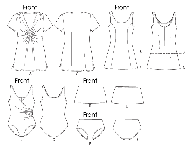 Semi-fitted, cover-up has front draped into buckle. Note: no provisions provided for above waist adjustments. Top or swimdress has princess seams. A, B, C: pullover. Mock wrap swimsuit. B, C, D: built-in bra with elastic. A/B, C, D cup sizes. Narrow hem: A, B, C, E. Elasticized neckline, armholes B, C, D, waist E, F, leg openings D and F, all are close-fitting and cut on crosswise grain of fabric. B, C, D and F: lined.Designed for soft moderate and Two-way stretch knits.