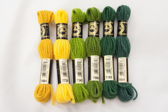 Wool-embroidery yarn DMC, green and yellow colors