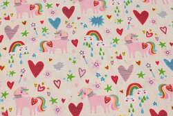 Delicate soft red cotton with horses and rainbows