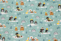 Dusty-green cotton with penguins in winter scenery