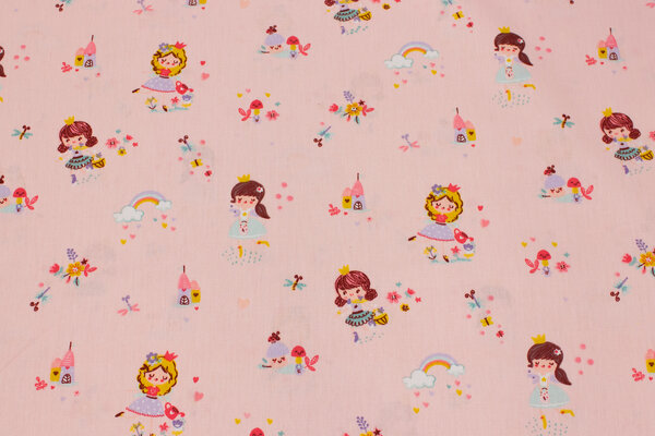 Light red cotton with small girls and rainbows
