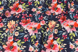 Navy cotton with ca. 7 cm pink-red flowers