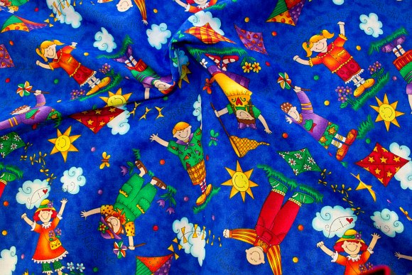 Royalblue cotton with happy children, kites and sunshine