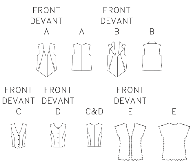 Lined-to-edge vests A, B, C, D, E. A, B: pockets in side front seams. B: collar. C, D: front and back princess seams, front section variations and buttonhole closures. E: extended shoulder seams.
NOTIONS: Vest C, D: 5/8" Buttons: Three for C and Four for D. Lined-to-edge vests A, B, C, D, E. A, B: pockets in side front seams. B: collar. C, D: front and back princess seams, front section variations and buttonhole closures. E: extended shoulder seams.
NOTIONS: Vest C, D: 5/8" Buttons: Three for C and Four for D.