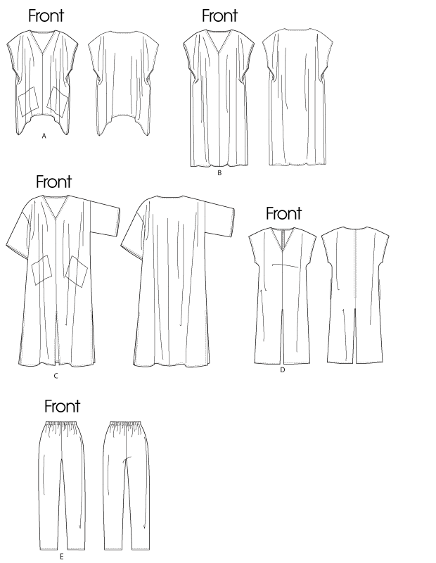 Very loose-fitting. A, B, C: Pullover. D: Side seam pockets. E: Loose-fitting, pull-on pants with tapered leg.