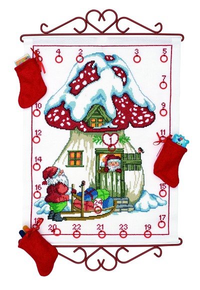 White Christmas calendar with mushroom house