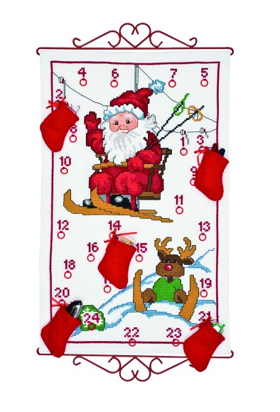 White Christmas calendar with Santa Claus in ski lift