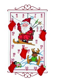 White Christmas calendar with Santa Claus in ski lift. Permin 34-9522. 