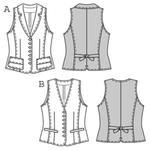 This season’s absolute fashion favourite is a waistcoat/vest shaped by darts and section seams. It can be worn directly on your skin but also looks attractive over shirts, blouses and tops. It can be made with collar and patch pockets or with V-neck and welted pockets.