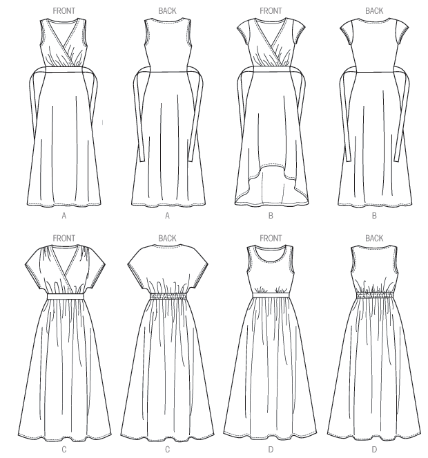 Pullover dress has neckline and skirt variations, front inset, elasticized waist, and narrow hem. B: shaped front hemline, wrong side shows, and short sleeves. A and B: fitted bodice and attached tie ends. C: very loose-fitting bodice. A, B and C: bias front bodice. D: loose-fitting bodice.Designed for moderate stretch knits.