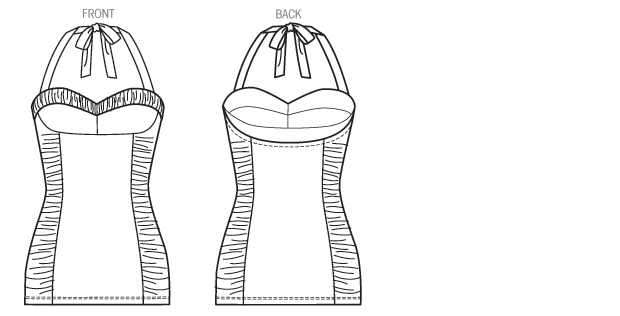 Close-fitting, self-lined, boned swimsuit (cut on crosswise grain) has halter straps, gathers, stays, two-piece bra with bands, princess seams, crotch shield, elasticized upper back and leg opening, and stitched hem. A: purchased optional applique. Separate pattern pieces included for A/B, C, D cup sizes.Designed for Four-Way Stretch Swimwear Knits. Close-fitting, self-lined, boned swimsuit (cut on crosswise grain) has halter straps, gathers, stays, two-piece bra with bands, princess seams, crotch shield, elasticized upper back and leg opening, and stitched hem. A: purchased optional applique. Separate pattern pieces included for A/B, C, D cup sizes.Designed for Four-Way Stretch Swimwear Knits.