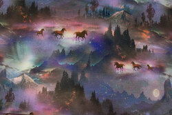 Light sweatshirt-fabric with mountains with horses